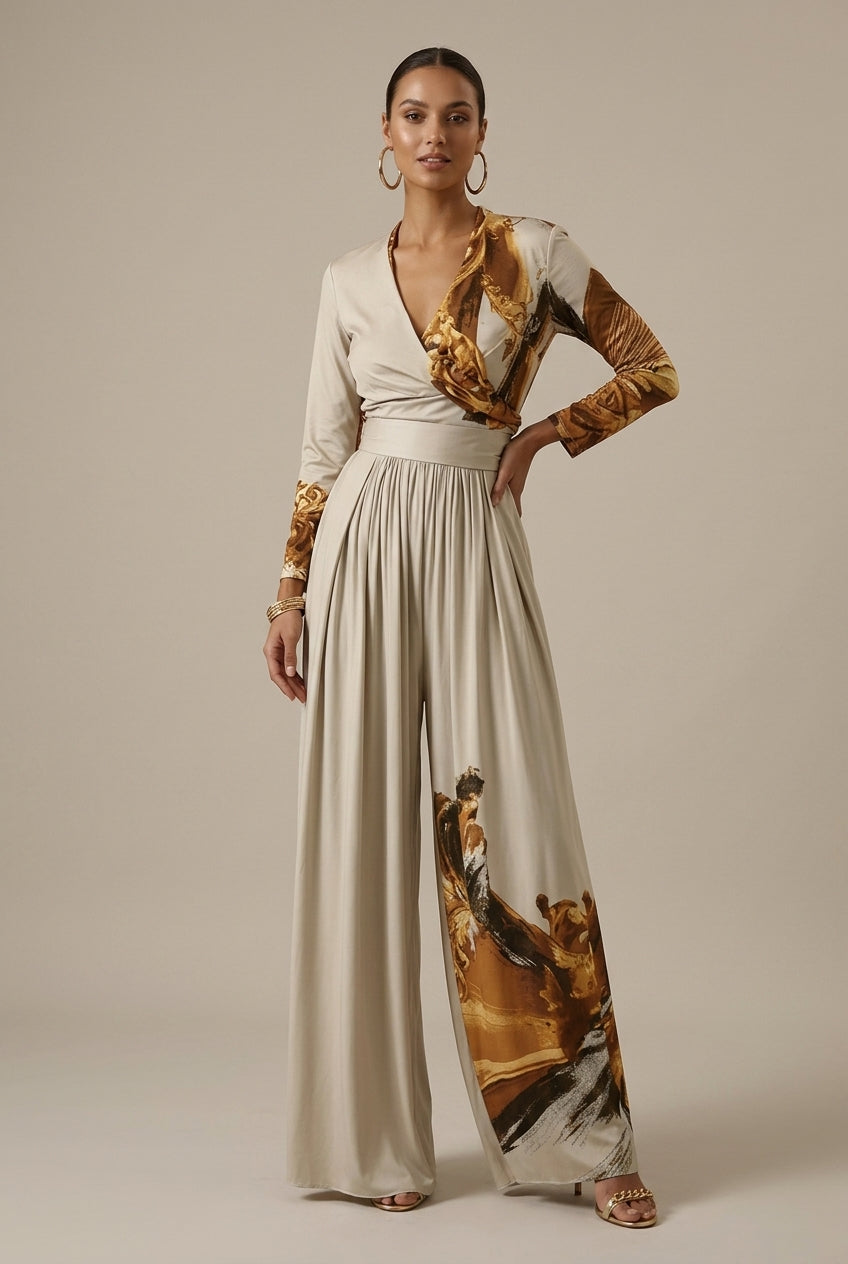 Women's Wide-Leg Jumpsuit – Abstract Print V-Neck
