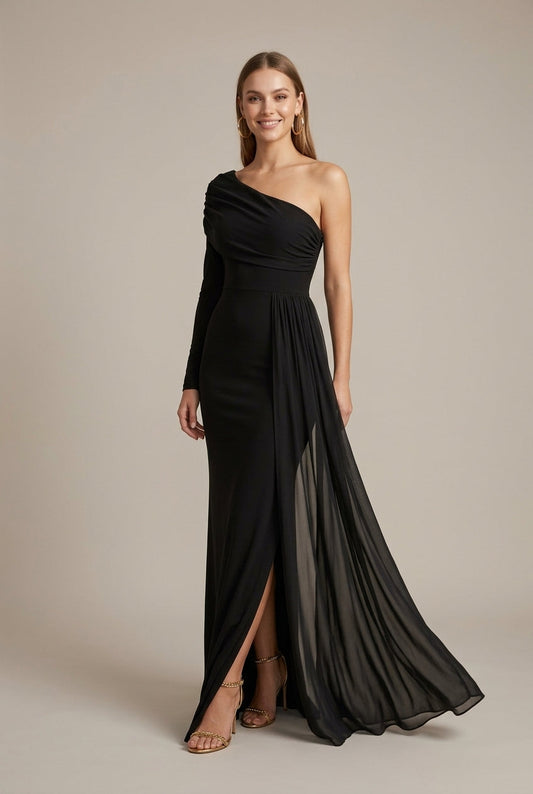 Women's Off-Shoulder Maxi Dress – Fishtail Hem, Long Sleeve
