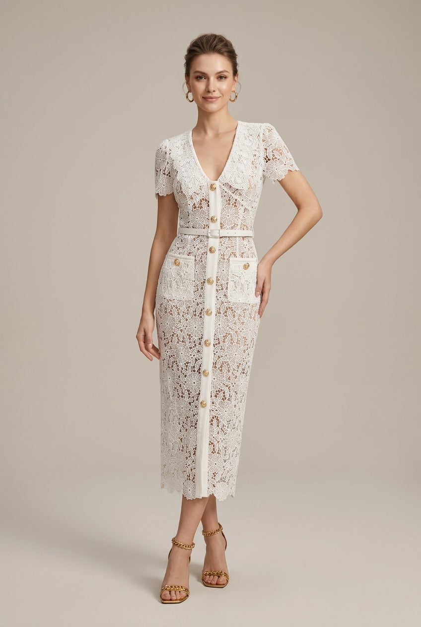 Women's Lace Midi Dress – Button-Front V-Neck