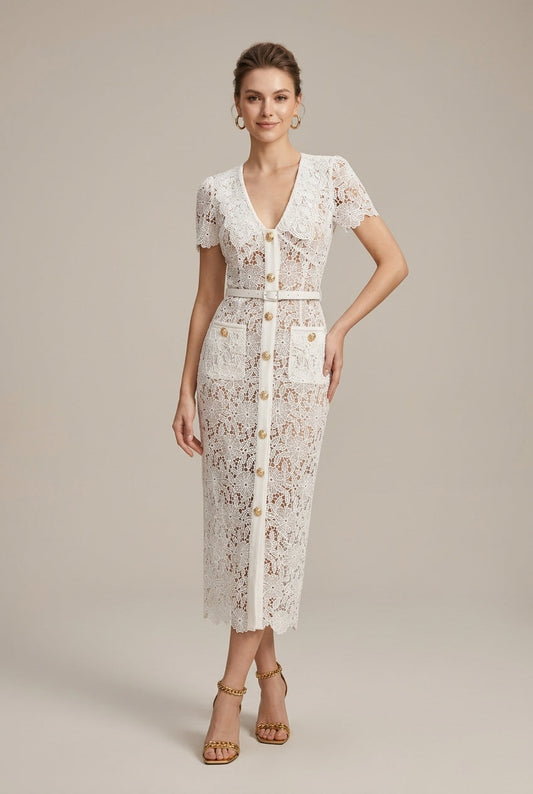 Women's Lace Midi Dress – Button-Front V-Neck