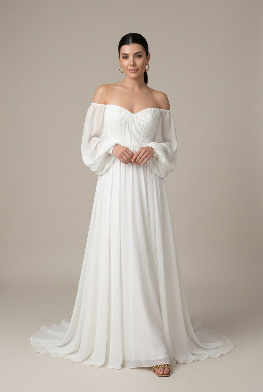 Women's Off-Shoulder Maxi Dress – Pleated Puff Sleeves