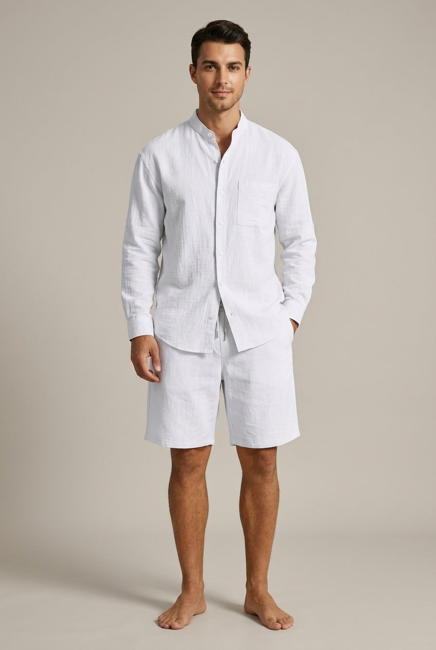 Men's Linen-Look Shirt and Shorts Set – Band Collar Relaxed Fit