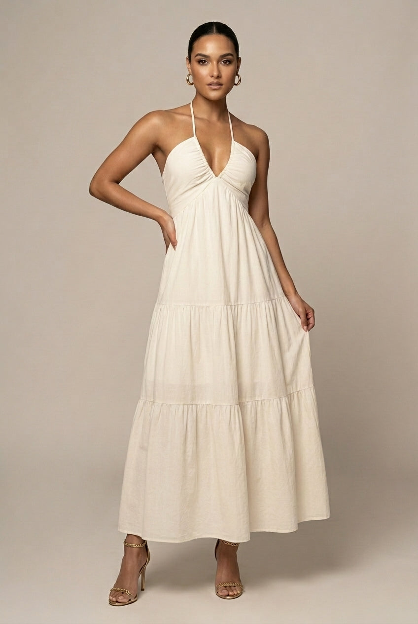 Women's Halter Maxi Dress – Tiered Ruffle Open Back