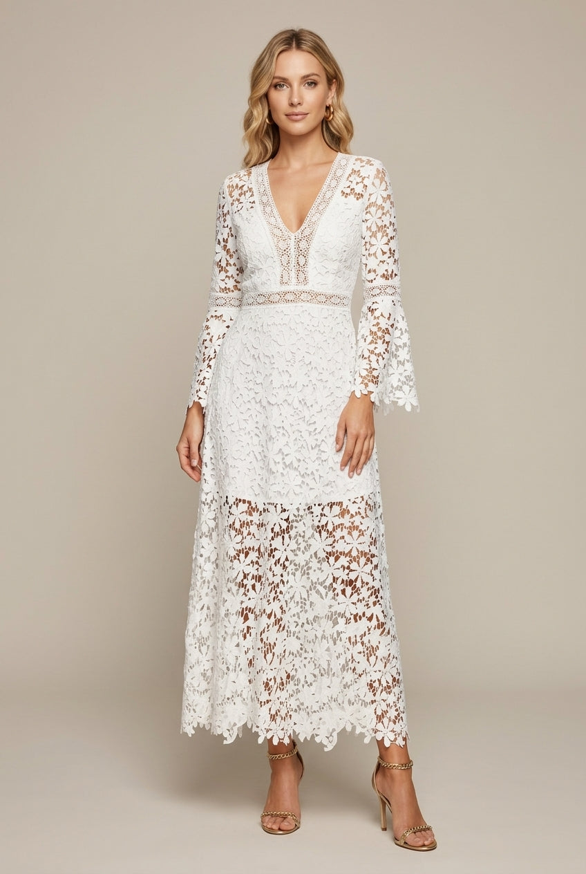 Women's Guipure Lace Maxi Dress – V-Neck Long Sleeve