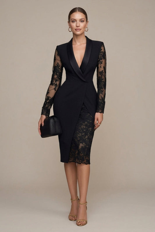 Women's Blazer Midi Dress – Lace Sleeve Shawl Collar