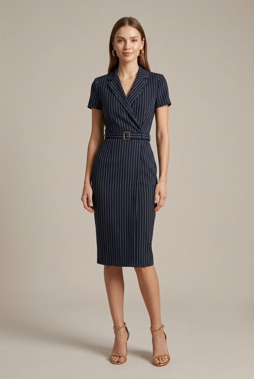 Women's Pinstripe Pencil Midi Dress – Belted Notched Lapel