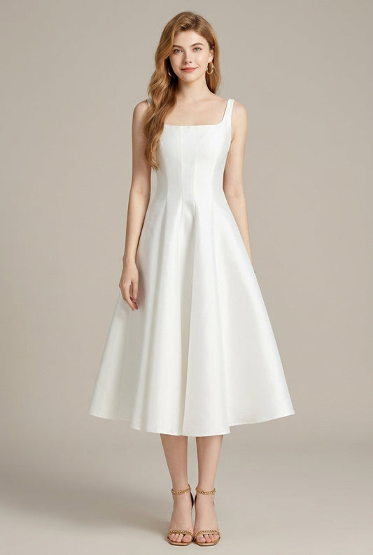 Women's Square Neck Midi Dress – Sleeveless A-Line Cut