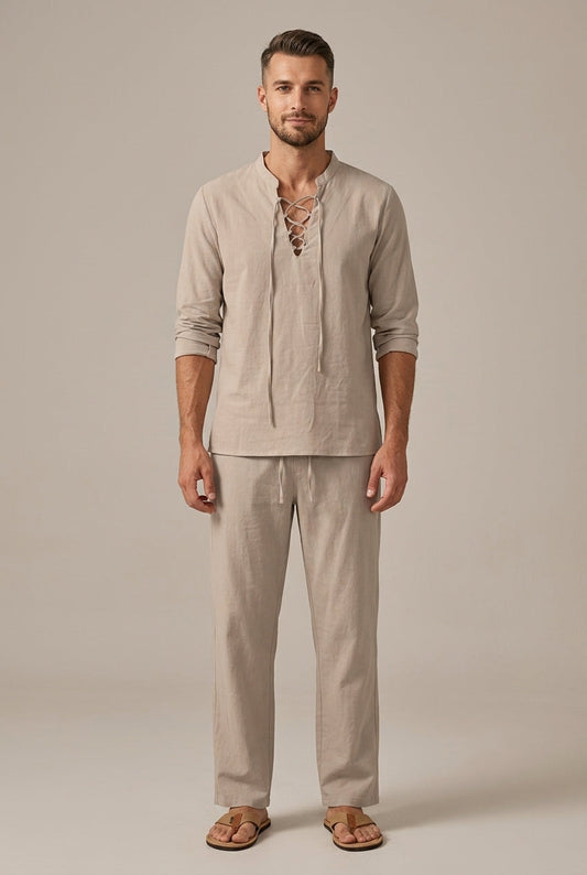 Men's Two-Piece Set – Lace-Up V-Neck Shirt & Pants