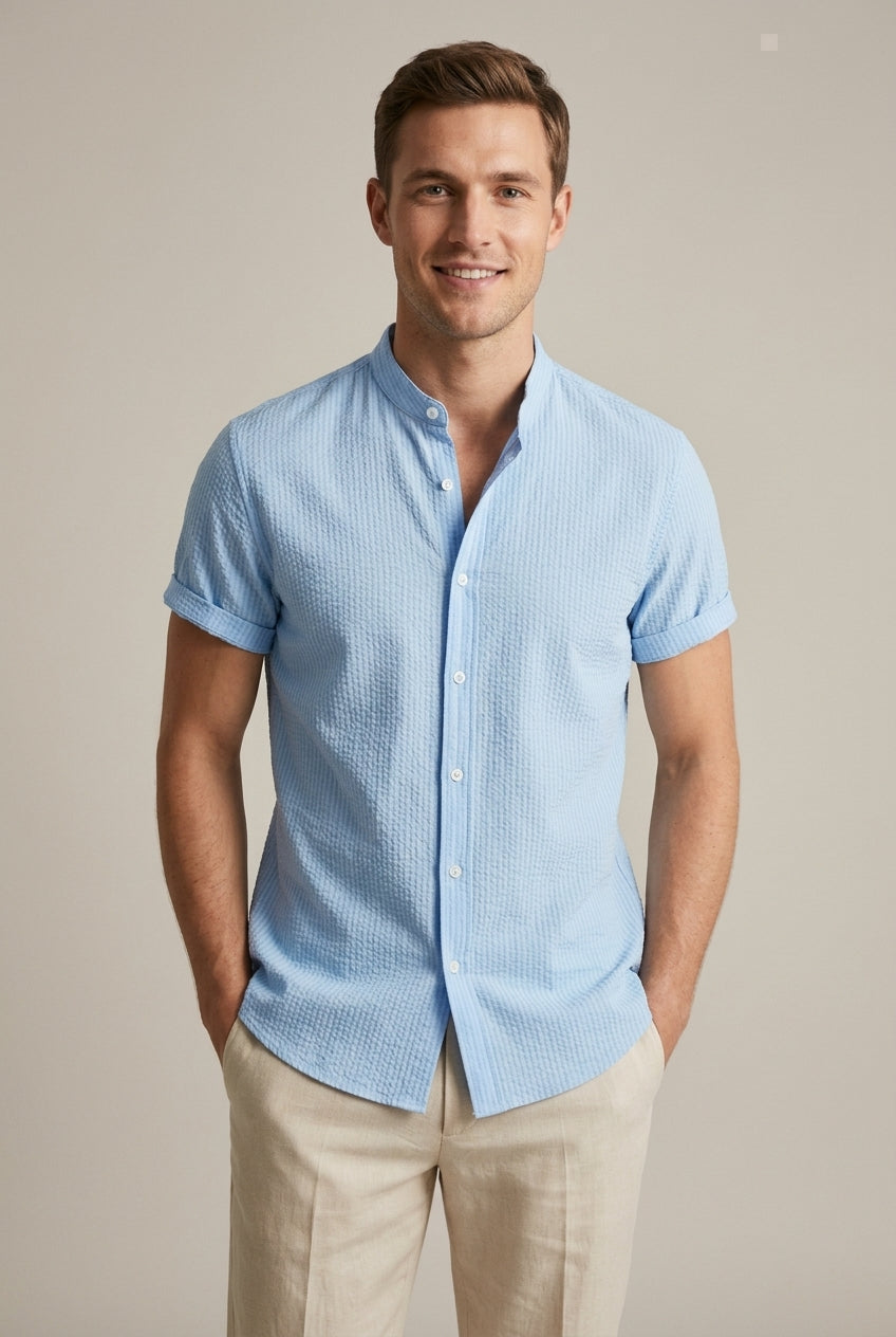 Men's Seersucker Band-Collar Shirt – Short Sleeve Relaxed