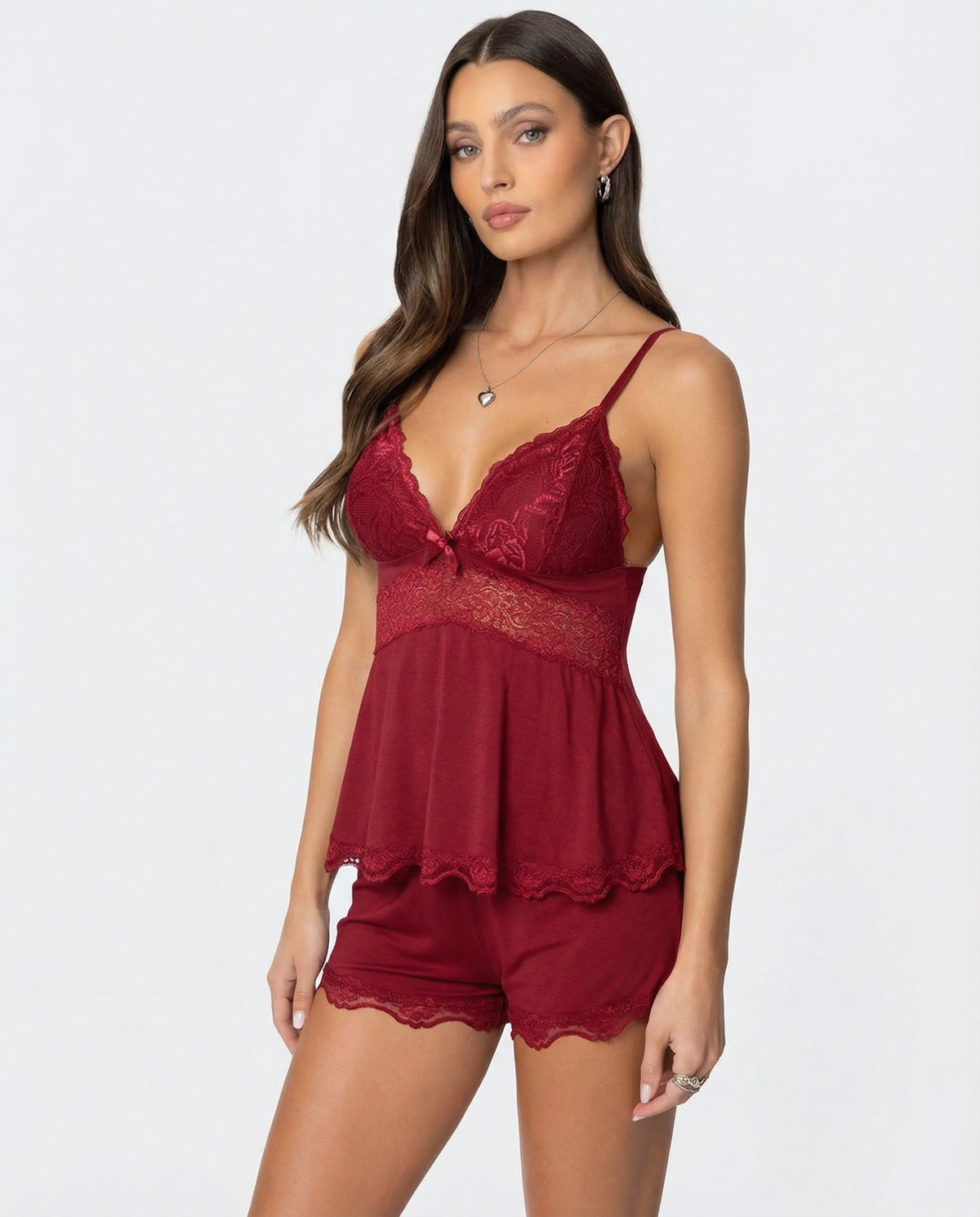 Women's Lace-Trim Cami and Shorts Set – Deep V Bow Detail
