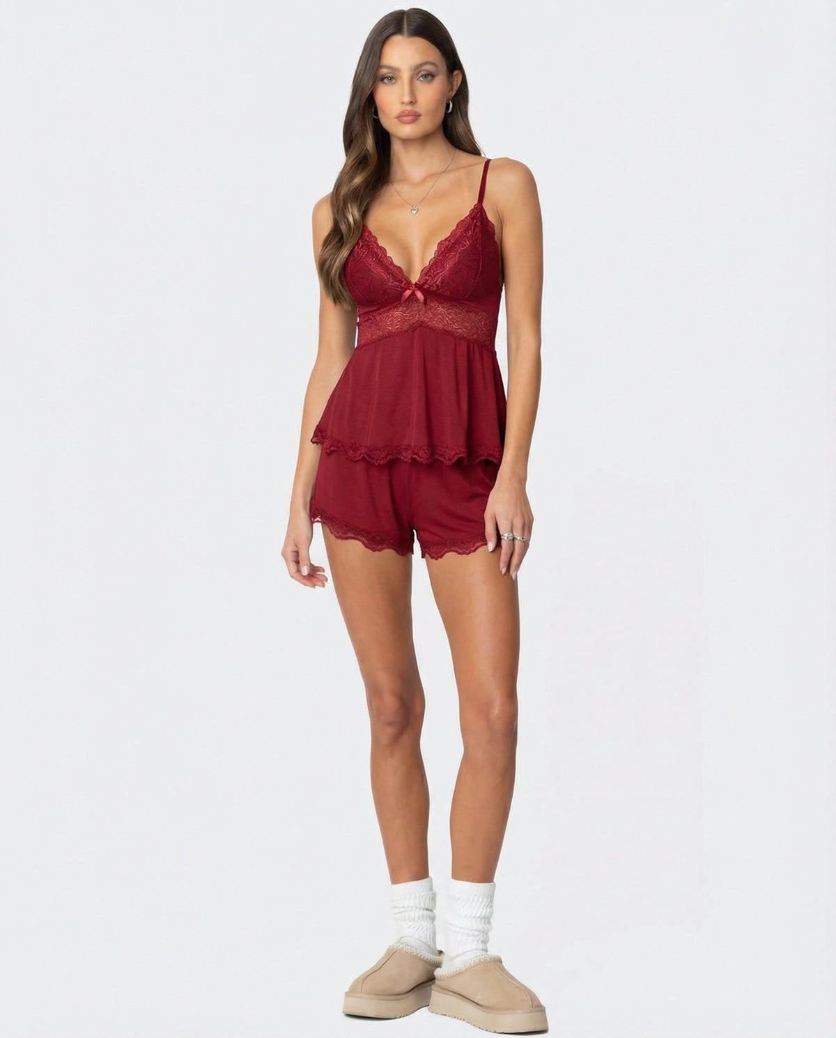 Women's Lace-Trim Cami and Shorts Set – Deep V Bow Detail