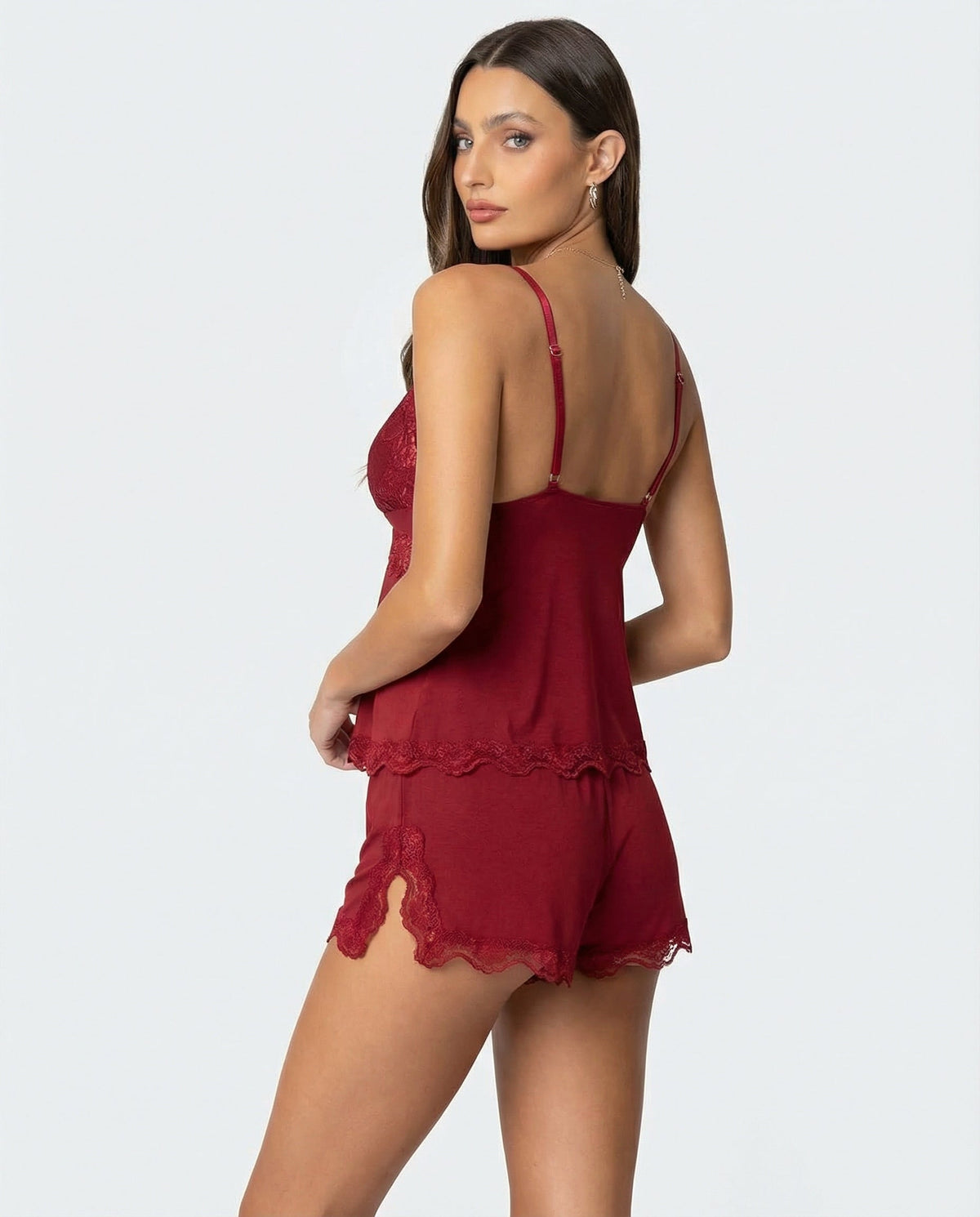 Women's Lace-Trim Cami and Shorts Set – Deep V Bow Detail