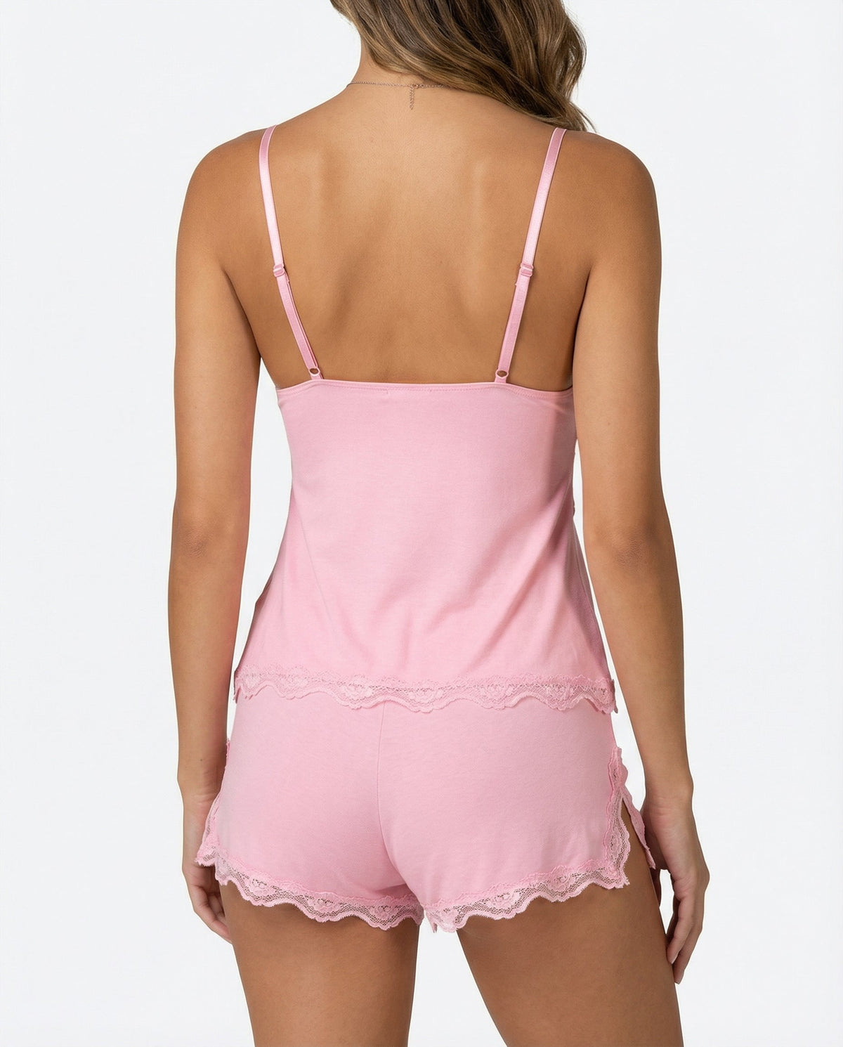 Women's Lace-Trim Cami and Shorts Set – Deep V Bow Detail