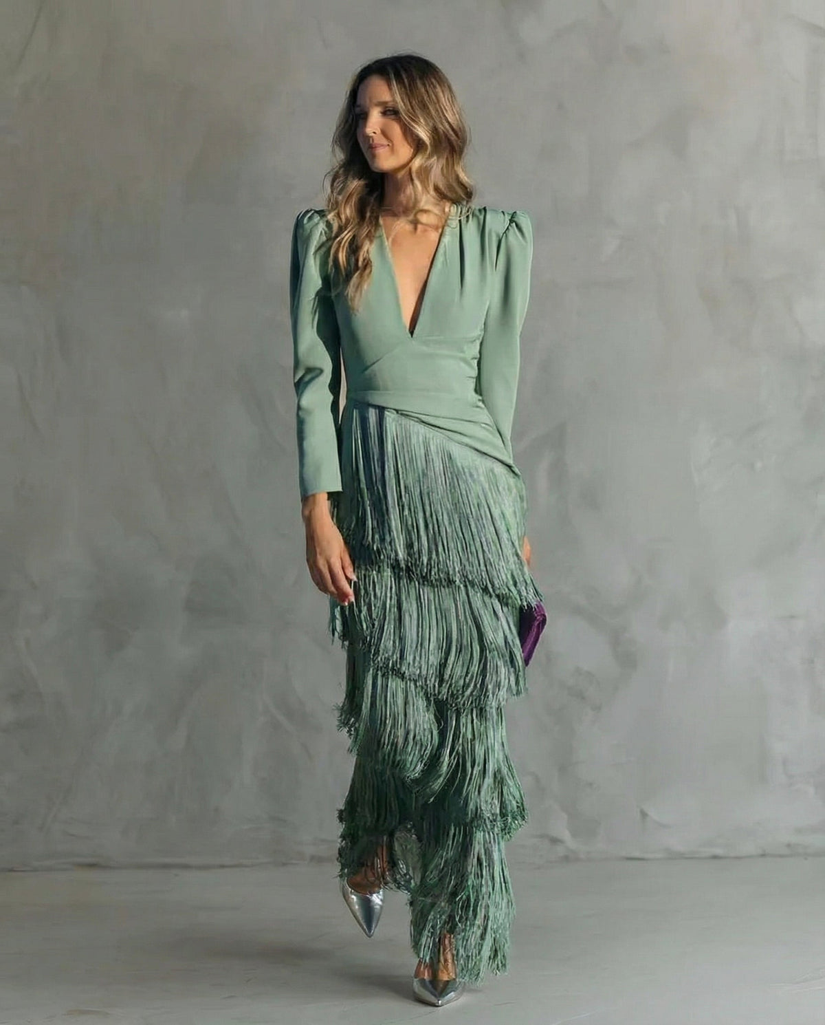 Women's Fringe Maxi Dress – Deep V Long Sleeve