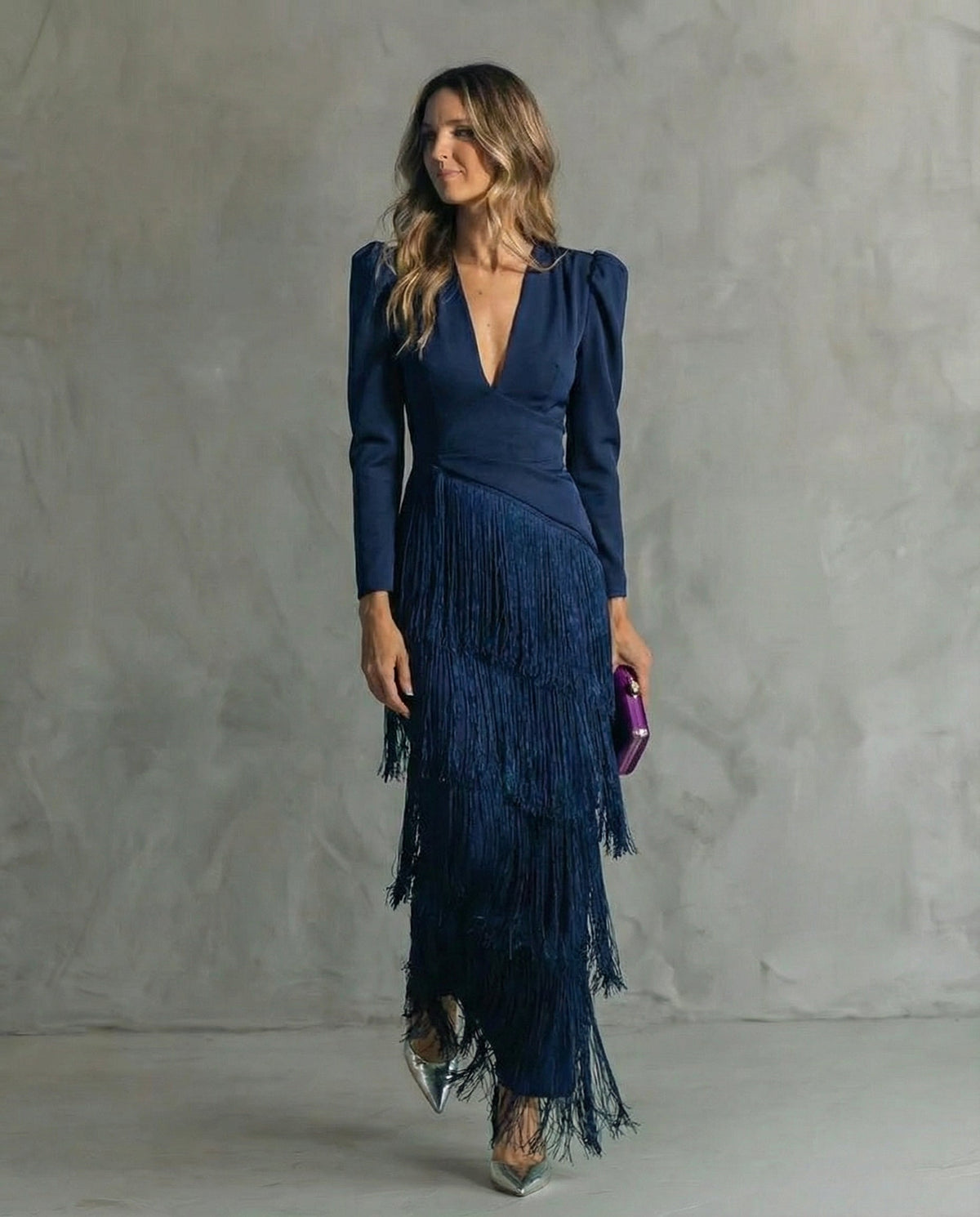 Women's Fringe Maxi Dress – Deep V Long Sleeve