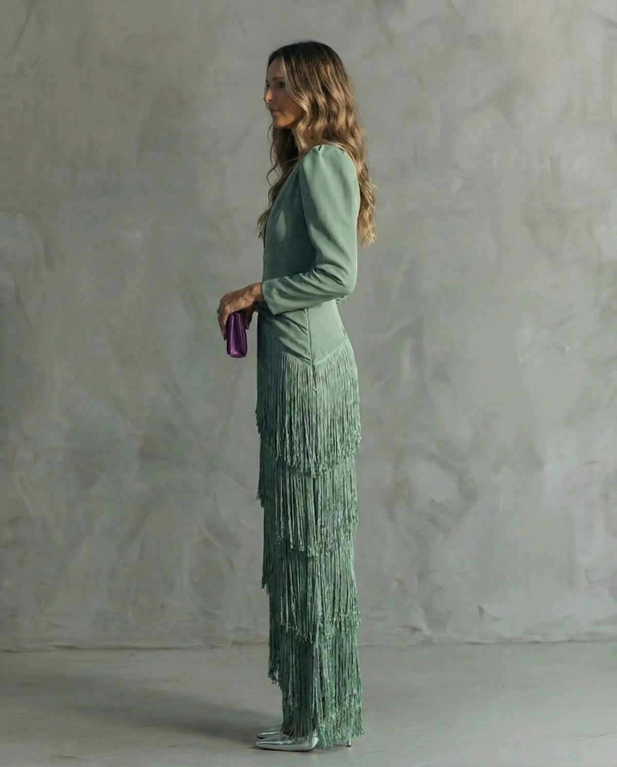 Women's Fringe Maxi Dress – Deep V Long Sleeve