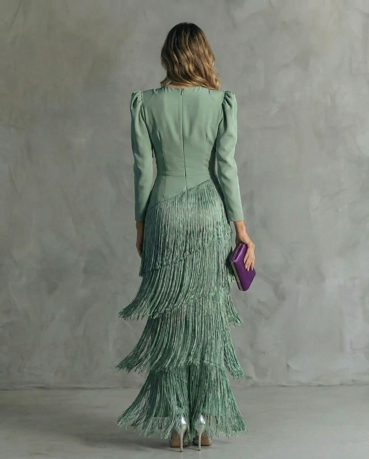 Women's Fringe Maxi Dress – Deep V Long Sleeve