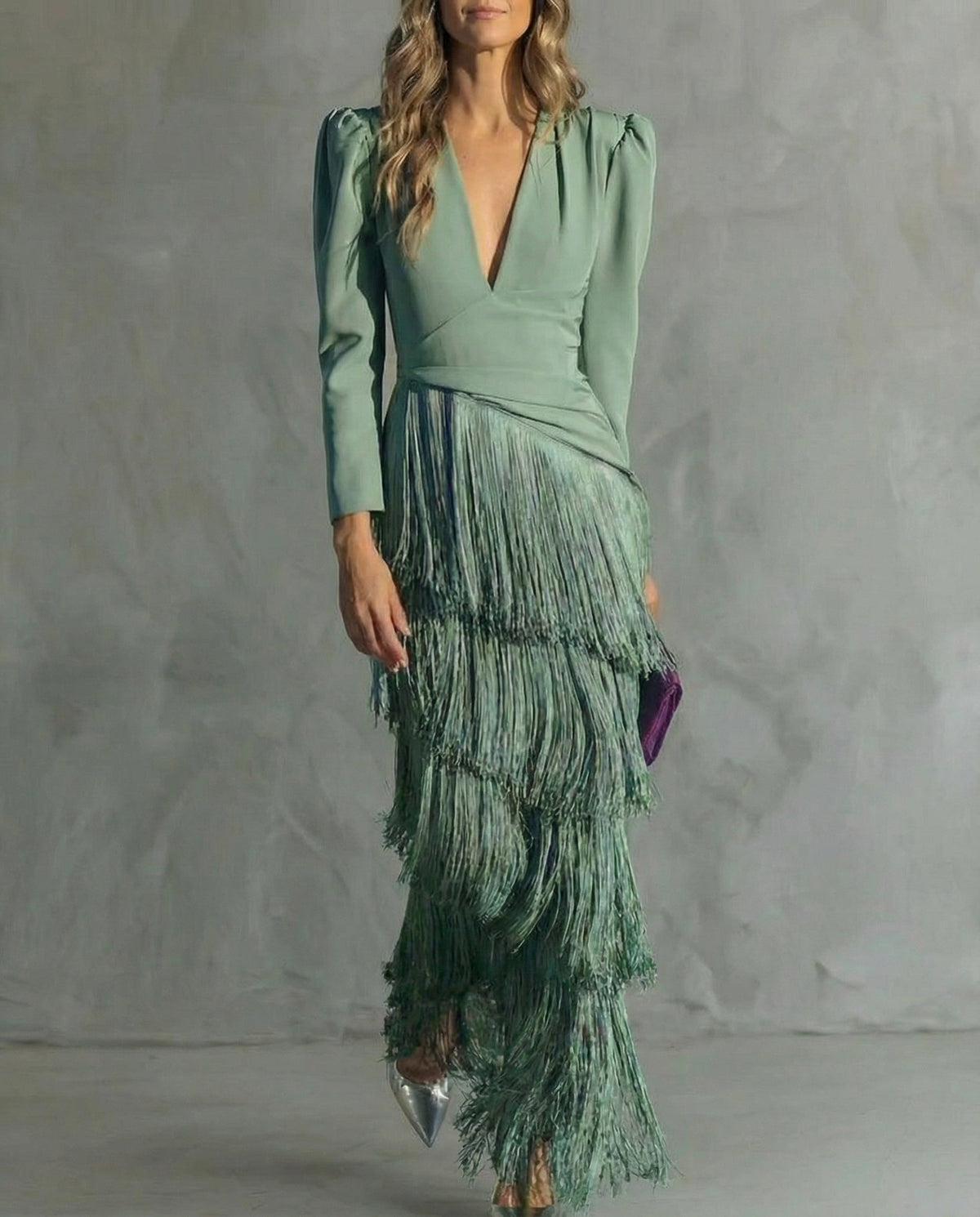 Women's Fringe Maxi Dress – Deep V Long Sleeve