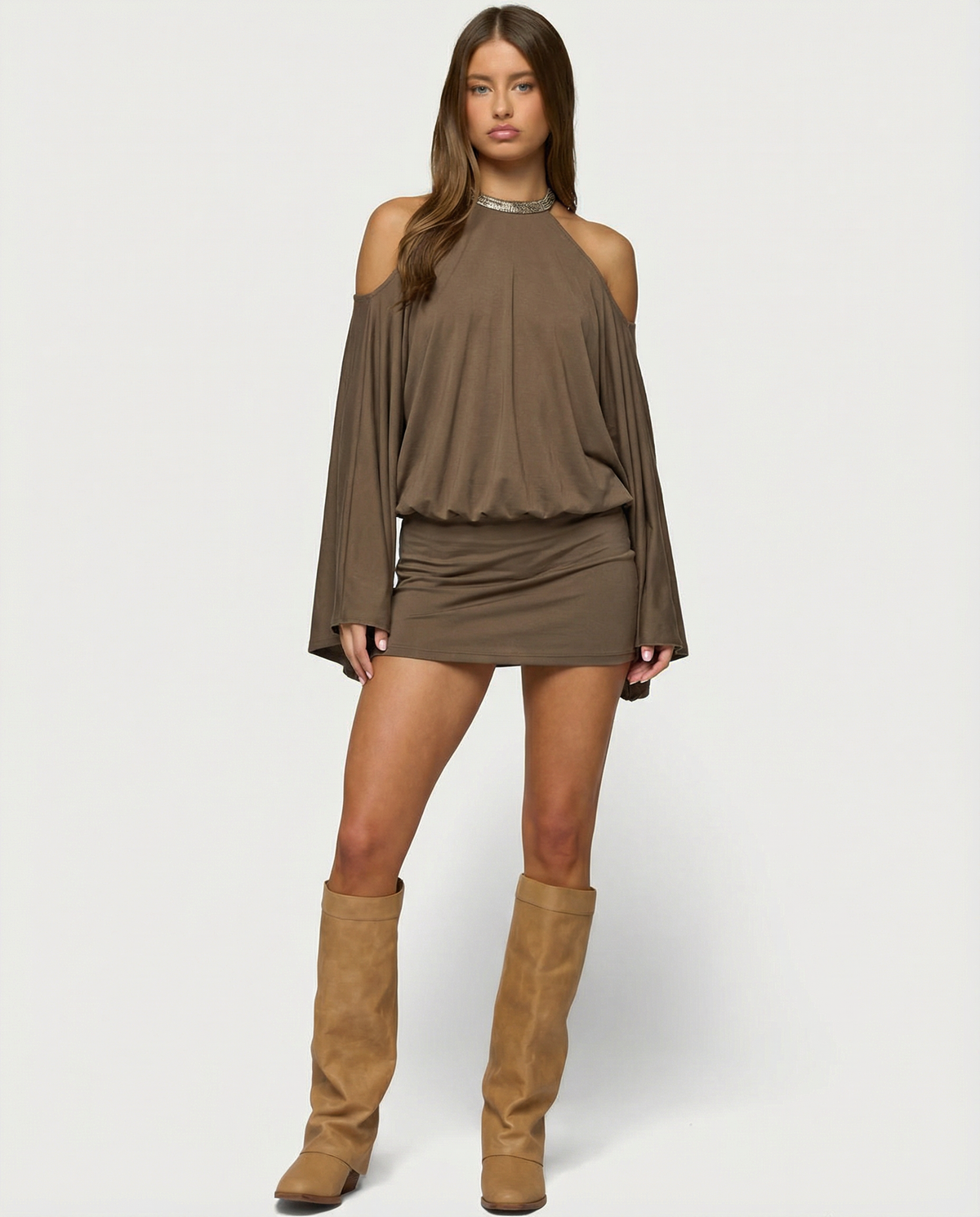 Women's Off-Shoulder Mini Dress – Chain-Draped Open Back