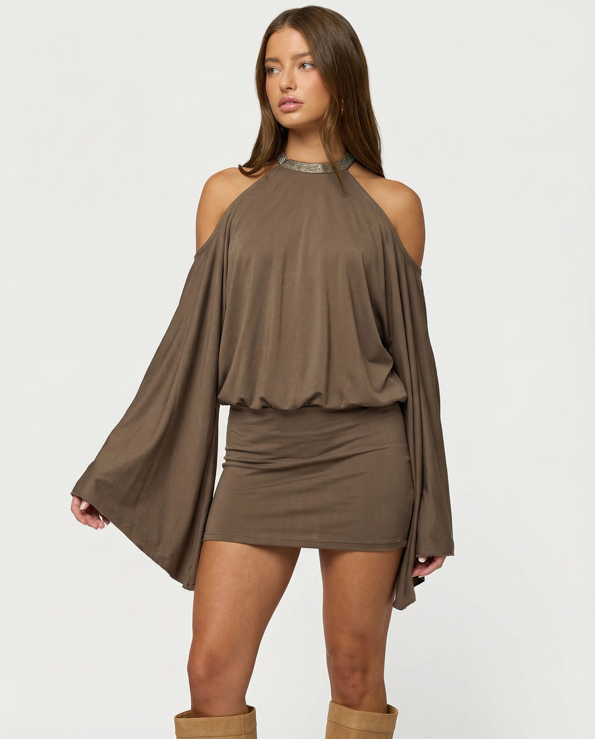 Women's Off-Shoulder Mini Dress – Chain-Draped Open Back