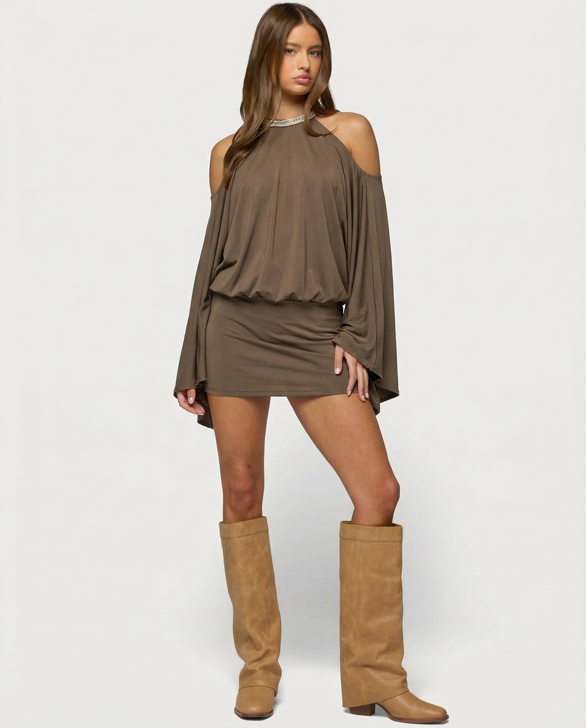 Women's Off-Shoulder Mini Dress – Chain-Draped Open Back