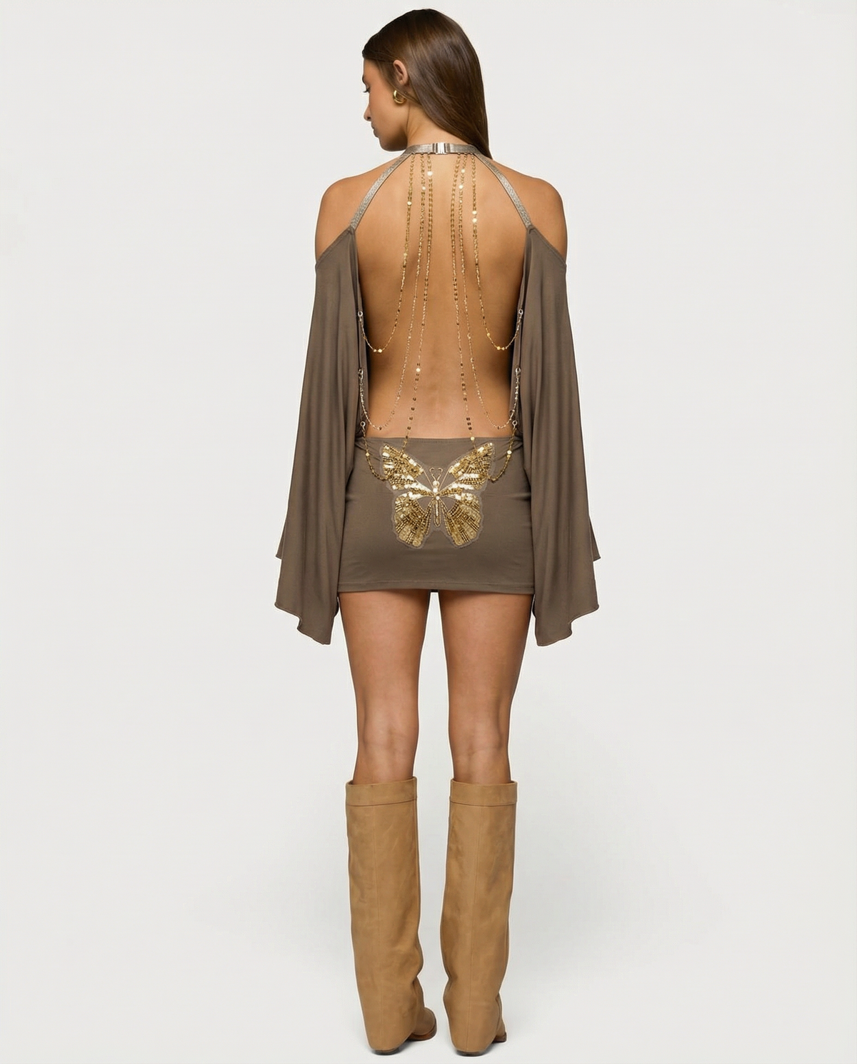 Women's Off-Shoulder Mini Dress – Chain-Draped Open Back