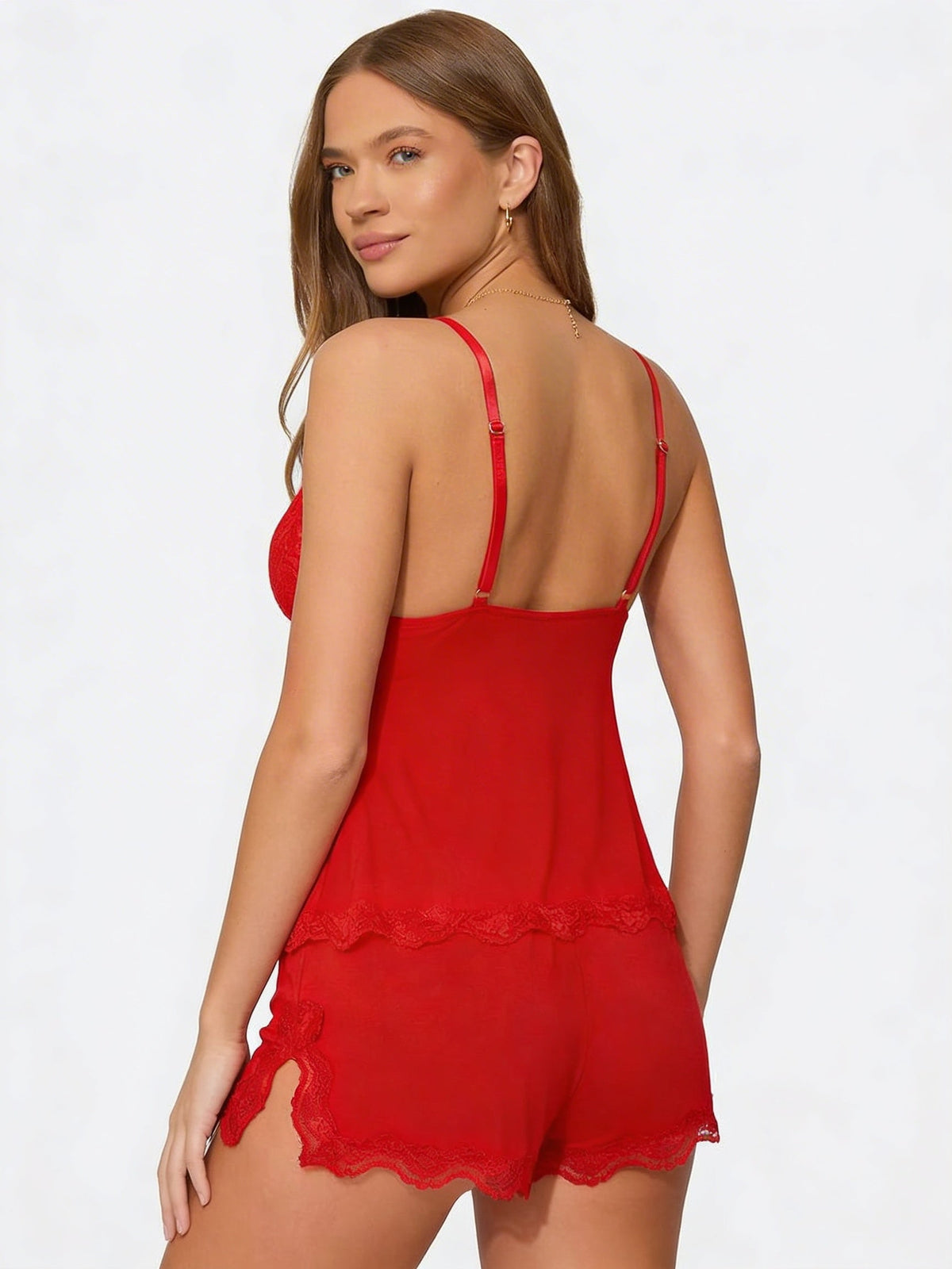 Women's Lace-Trim Cami and Shorts Set – Deep V Bow Detail