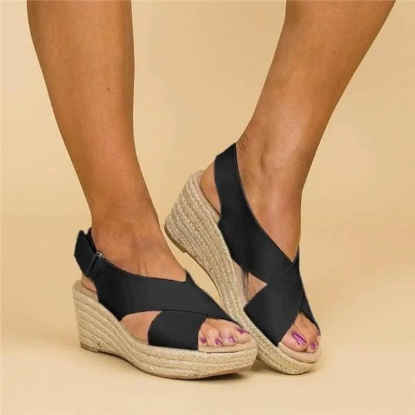Women's Leather Espadrille Wedge Sandals – Adjustable Cross Straps
