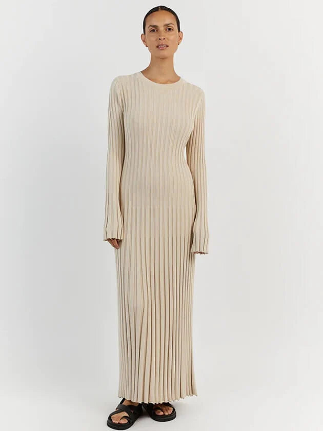 Women's Ribbed Knit Maxi Dress – A-Line Long Sleeve