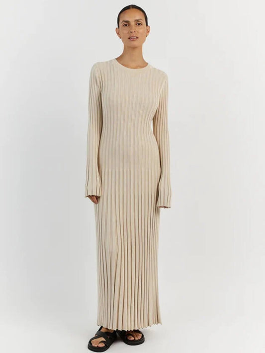 Women's Ribbed Knit Maxi Dress – A-Line Long Sleeve