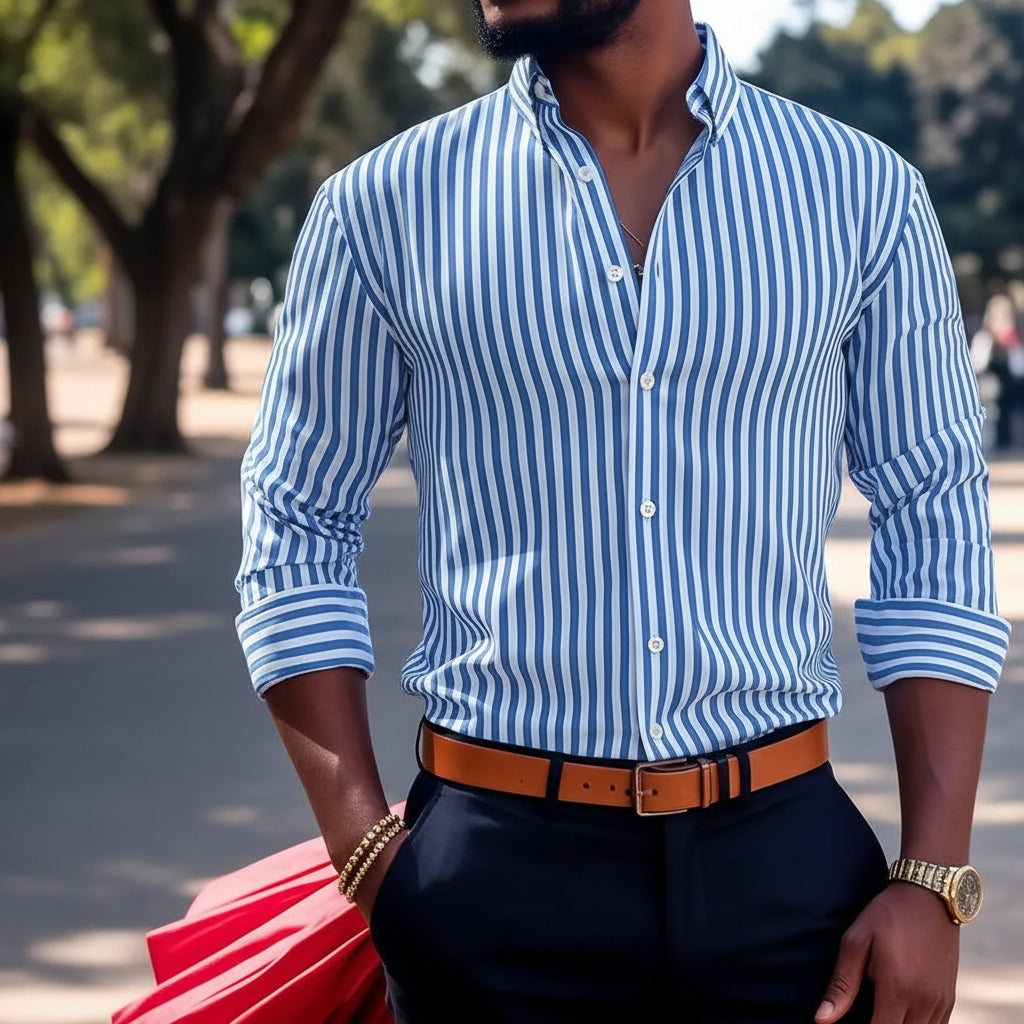 Men's Striped Button-Up Shirt – Lapel Collar Long Sleeve