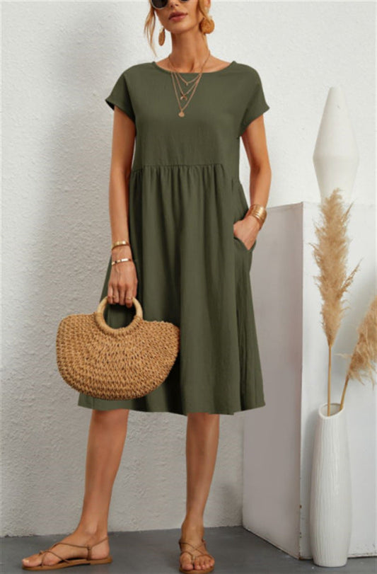 Women's A-Line Midi Dress – Short Sleeve with Pockets