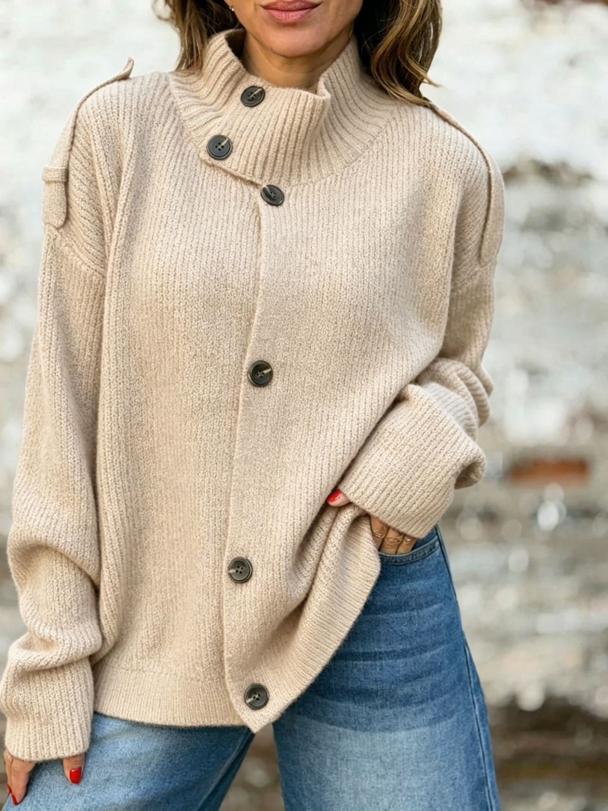 Women's Turtleneck Knit Cardigan – Hip-Length Button Front