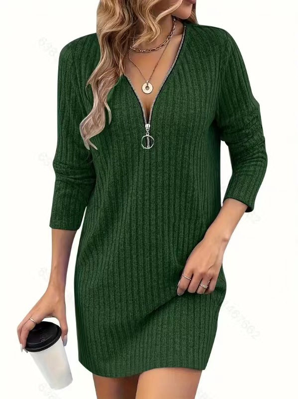 Women's Ribbed Midi Dress – Zip V-Neck Relaxed Fit