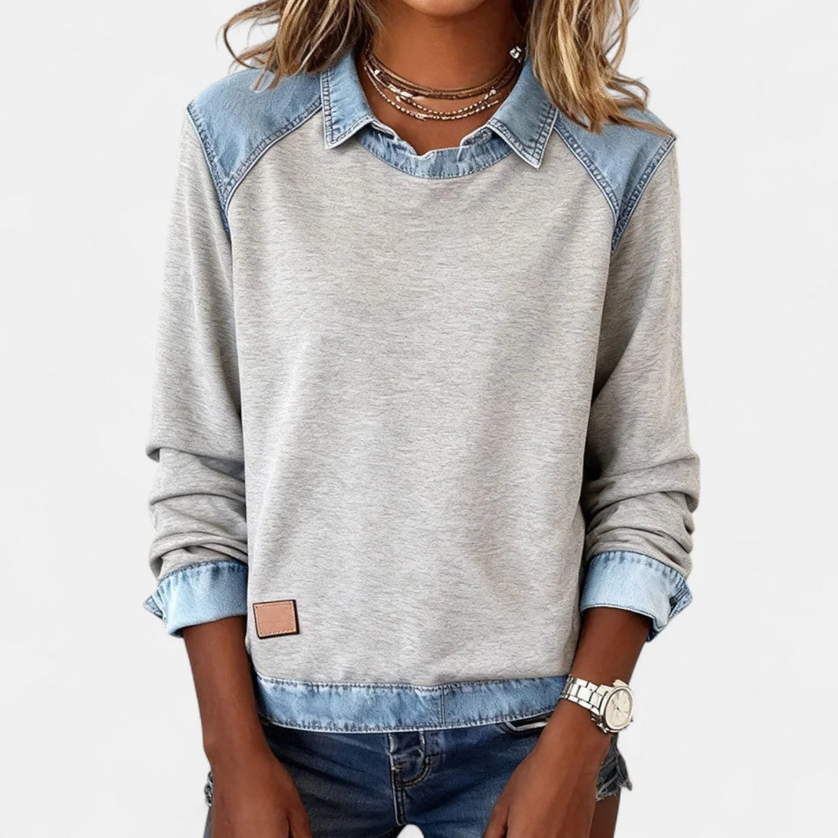 Women's Raglan Knit Sweater – Denim-Look Collar