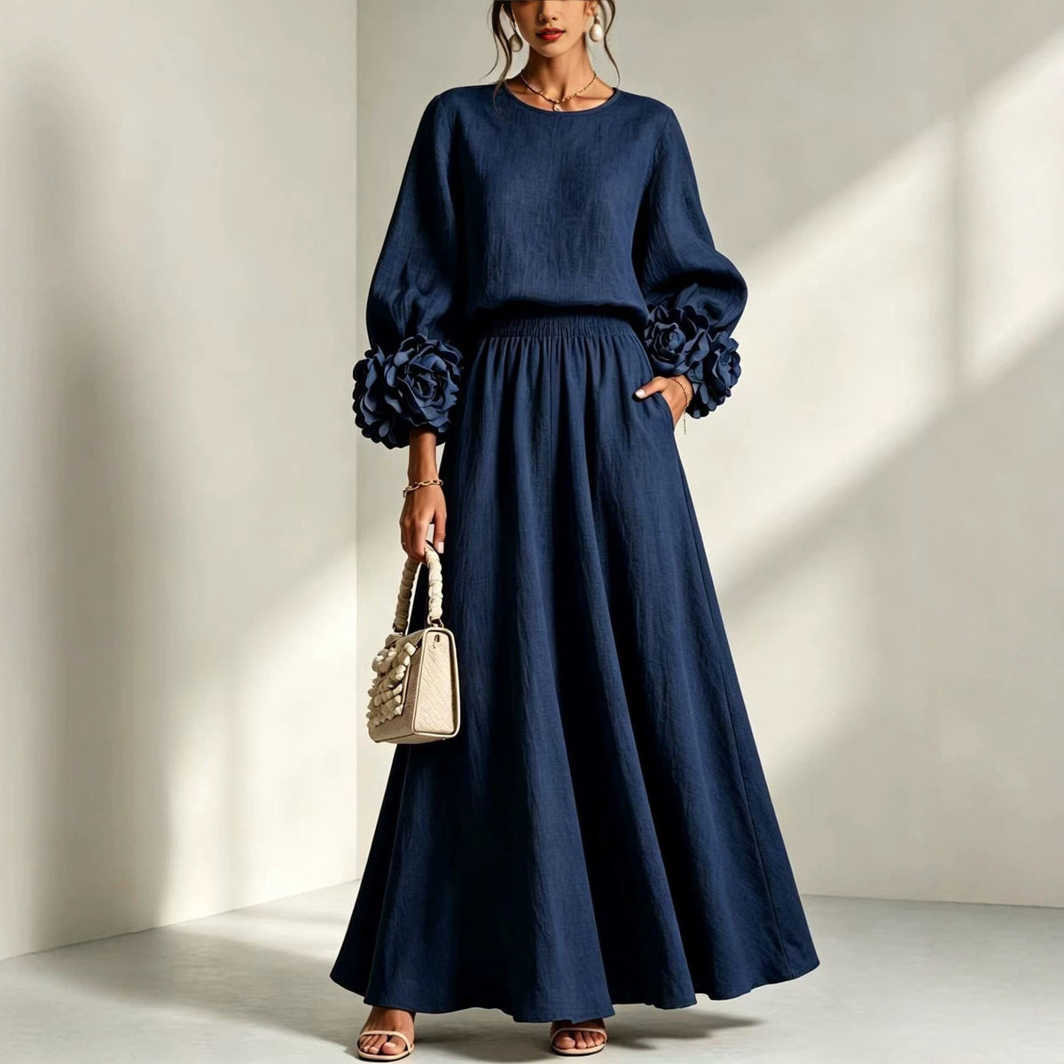 Women's Puff Sleeve Skirt Set – Rose Detail A-Line