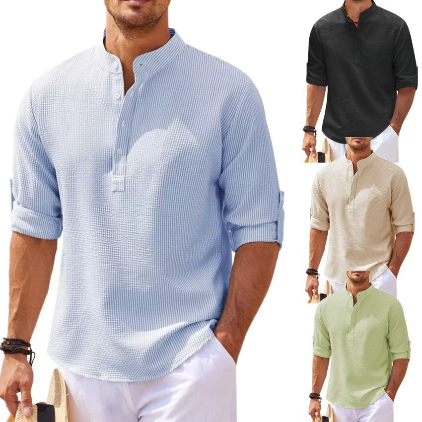 Men's Textured Button-Up Shirt – Stand Collar Regular Fit
