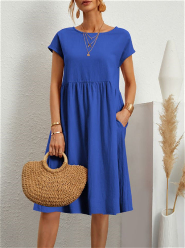 Women's A-Line Midi Dress – Short Sleeve with Pockets