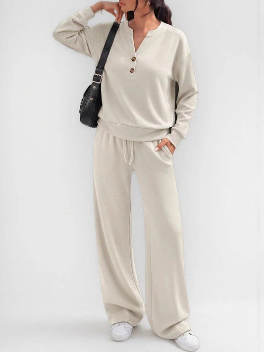 Women's Wide-Leg Pants Set – Relaxed Long-Sleeve Top