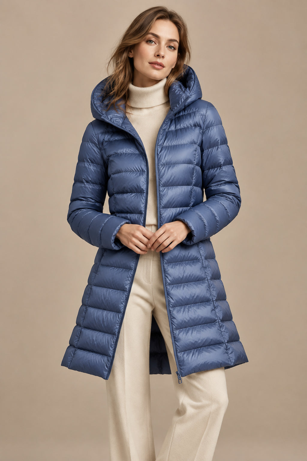 Women's Down Hooded Jacket – Slim Mid-Length Fit