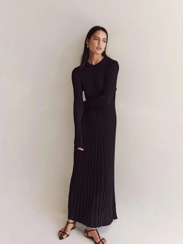 Women's Ribbed Knit Maxi Dress – A-Line Long Sleeve
