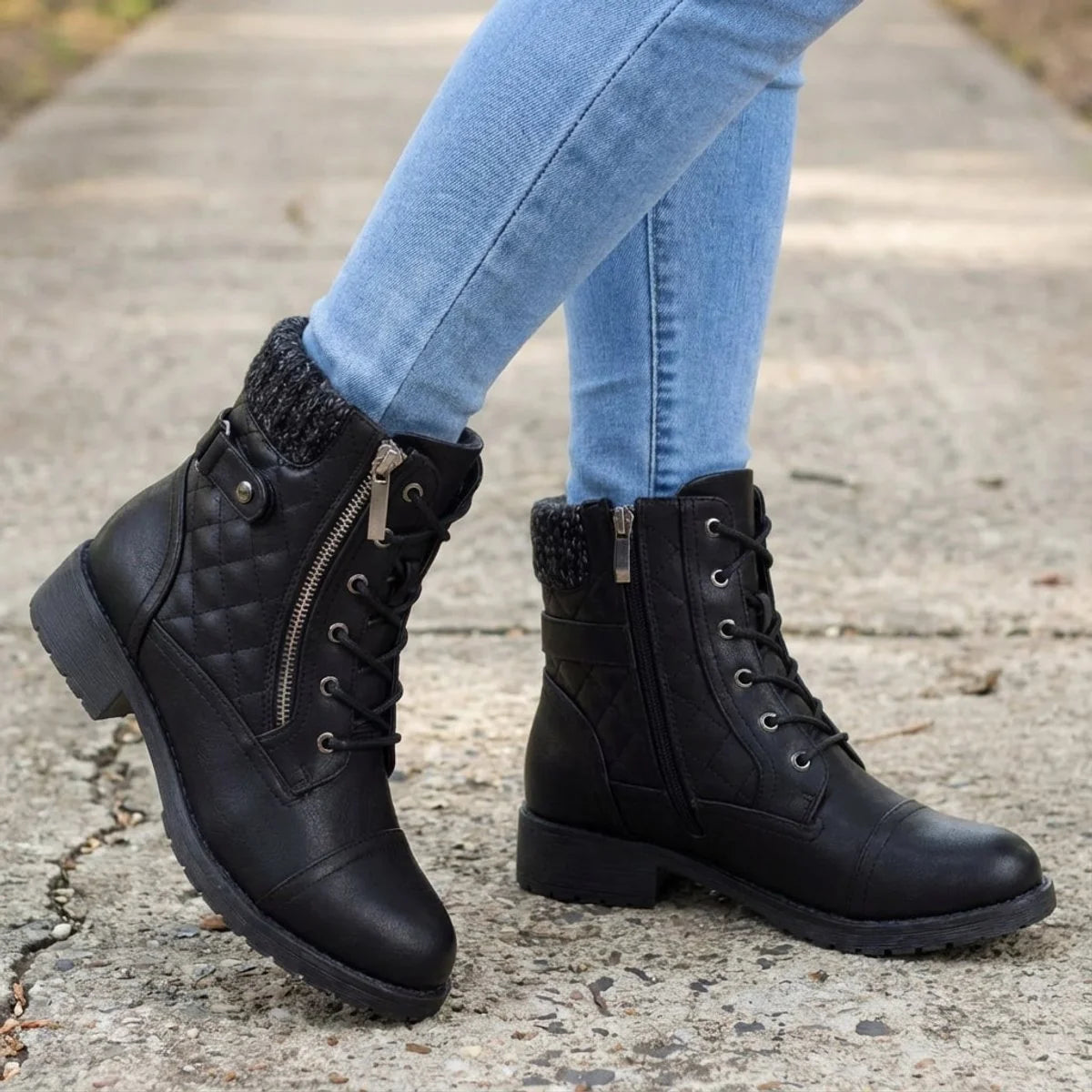 Women's Lace-Up Ankle Boots – Side Zip Block Heel