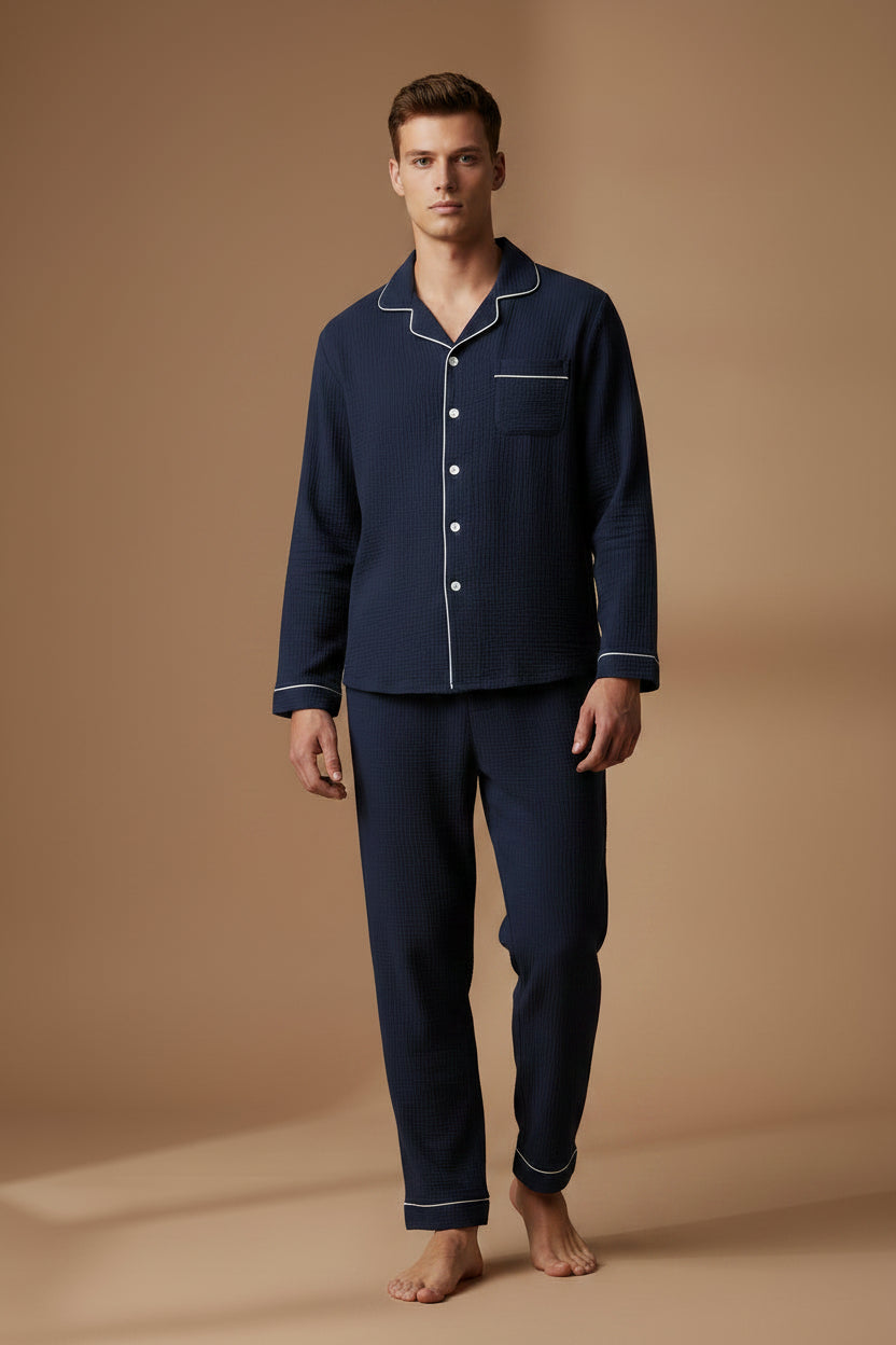 Men's Cotton Gauze Pajama Set – Double-Layer Relaxed Fit