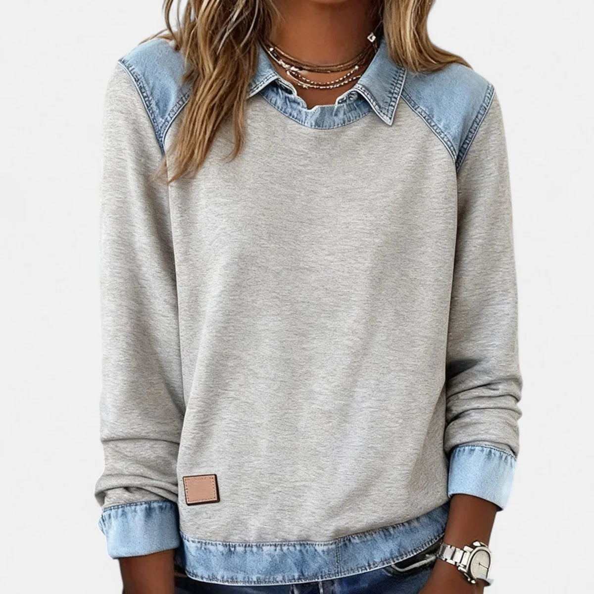 Women's Raglan Knit Sweater – Denim-Look Collar