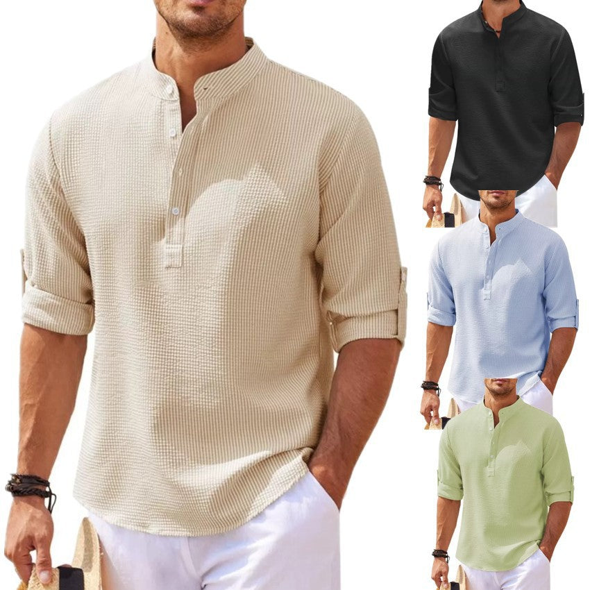 Men's Textured Button-Up Shirt – Stand Collar Regular Fit