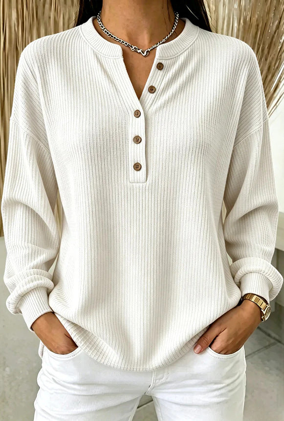 Women's Ribbed Henley Top – Relaxed Long Sleeve
