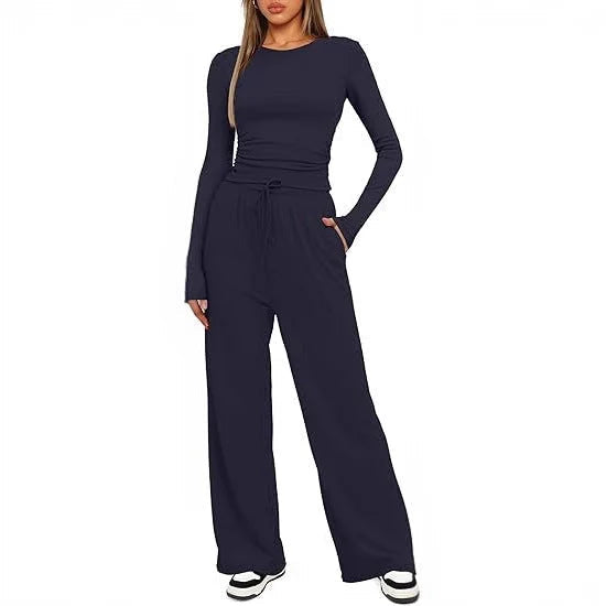 Women's Two-Piece Set – Wide-Leg Pants & Long-Sleeve Top