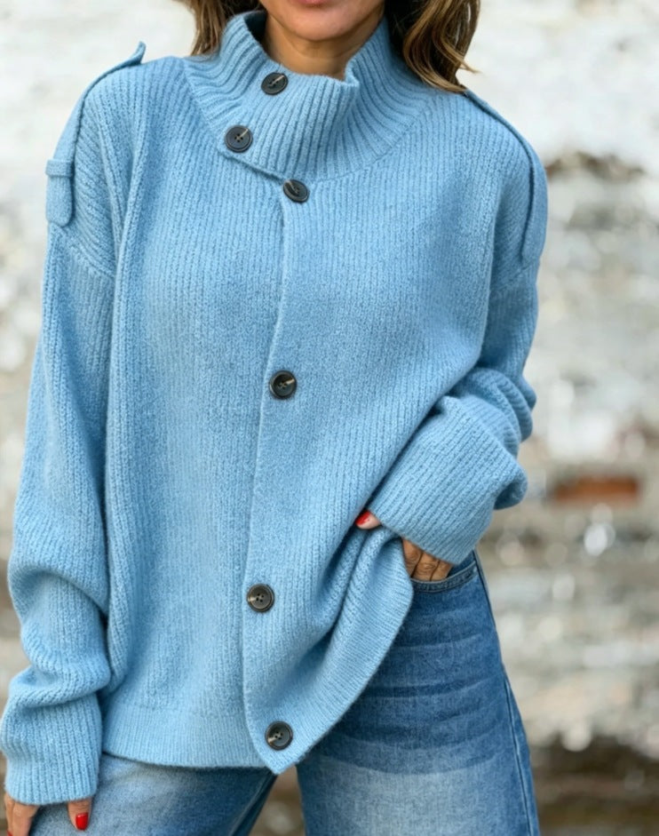 Women's Turtleneck Knit Cardigan – Hip-Length Button Front
