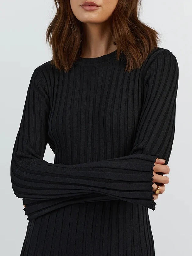 Women's Ribbed Knit Maxi Dress – A-Line Long Sleeve
