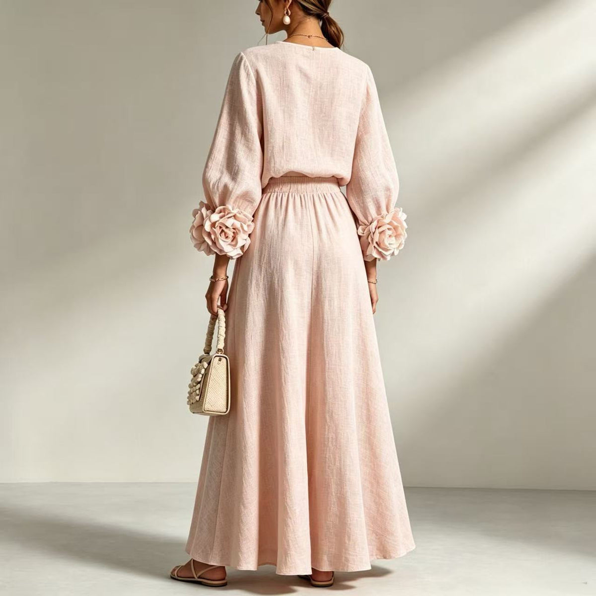 Women's Puff Sleeve Skirt Set – Rose Detail A-Line